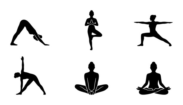 Yoga Poses Silhouettes Vector Set, Meditation and Fitness Icons, Wellness and Health Poses, Black and White Graphic Elements