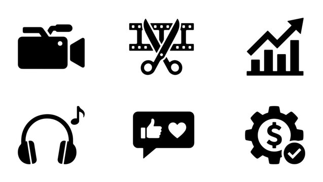 Video Production Icons Set: Camera, Editing, Growth Chart, Headphones, Social Media Likes, Monetization Gear. Business & Media Vector Graphics.