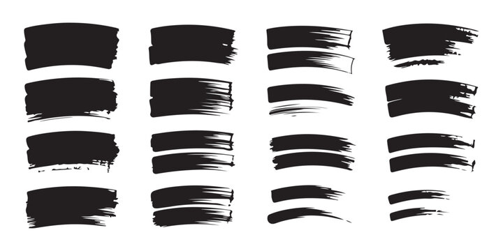 Set of isolated black hand drawn paint brush strokes and curved ink marks for artistic graphic design use.