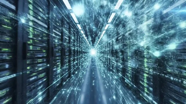 Glowing digital network nodes expanding in a modern data center server room aisle