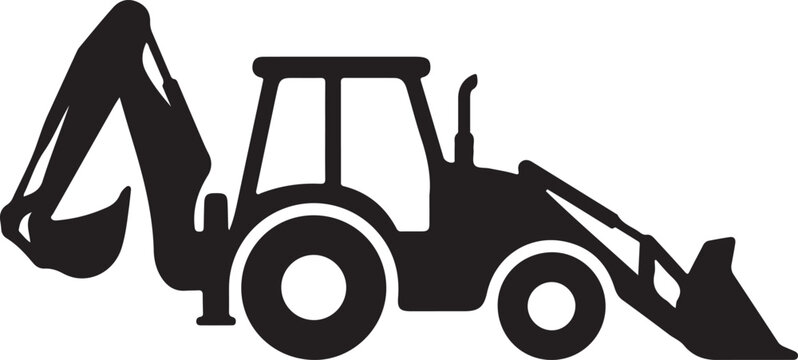 Black backhoe loader icon, construction vehicle silhouette, heavy equipment symbol, digger illustration