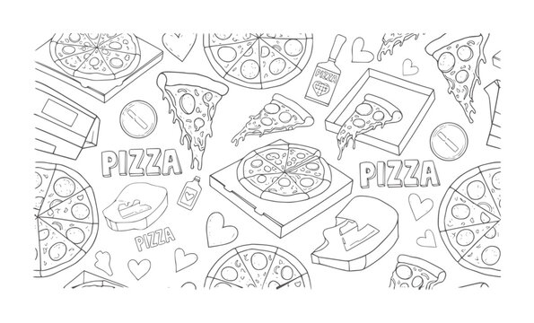 Hand drawn pizza slices and whole pizzas in boxes with hearts