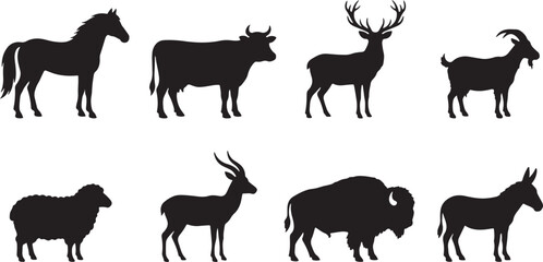 Fototapeta premium Collection of farm animal silhouettes including horse cow deer goat sheep gazelle buffalo and donkey isolated on transparent background.