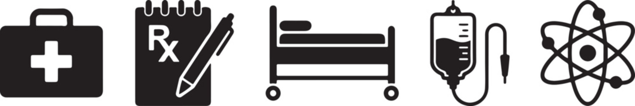 Hospital medical equipment icons set first aid kit pharmacy prescription bed iv bag and science atom symbol professional care.