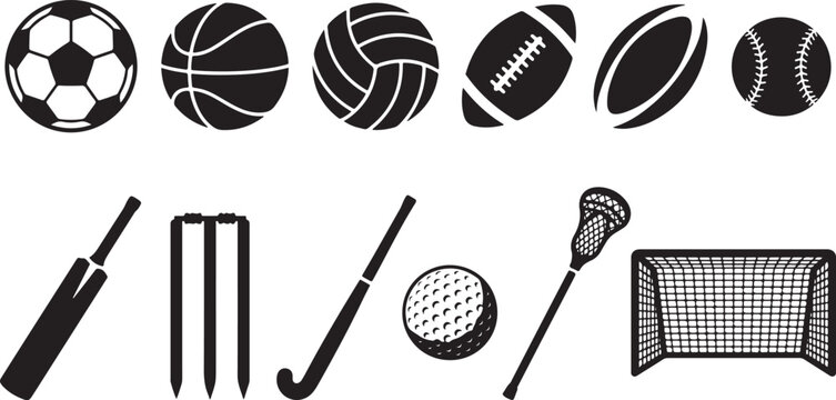 Sports equipment black silhouettes, diverse athletic gear for various games, including balls, bats, and goal net icon set.
