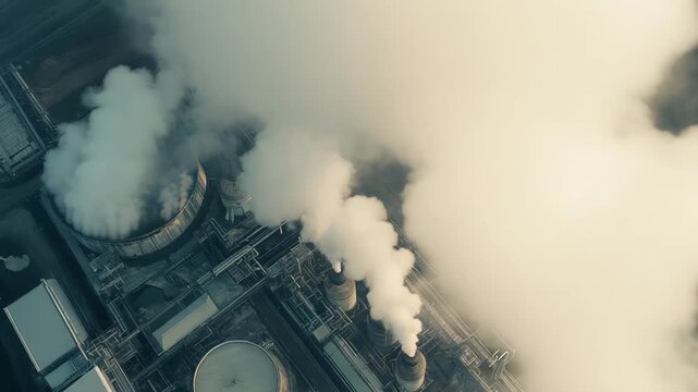 Industrial facility releasing thick smoke and harmful emissions from multiple chimneys and cooling towers, contributing to air pollution and environmental challenges