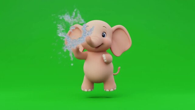 A smiling cartoon elephant spraying water on a green screen background.
