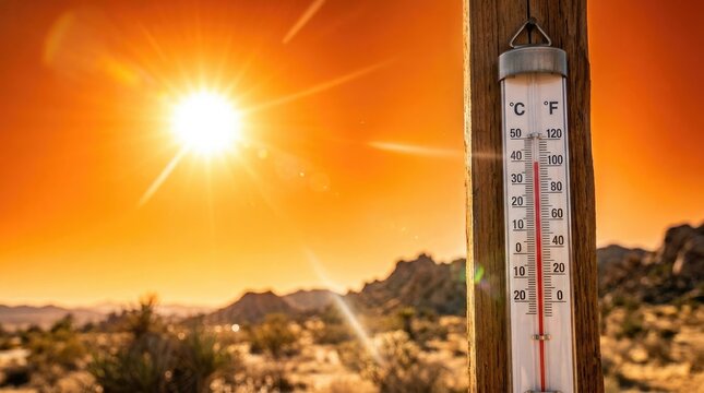 Thermometer in desert landscape with extreme heat temperature reading