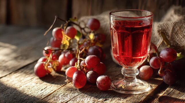 Refreshing red grape juice in a glass surrounded by fresh grapes on rustic wooden surface with natural lighting