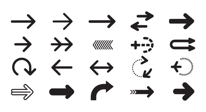 Diverse set of arrow icons featuring straight curved and circular designs for navigation user interface.