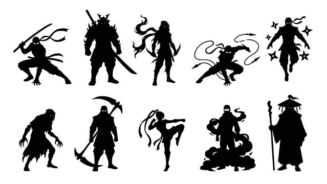 Silhouette of fantasy characters and monsters for 2D gaming enemy character design game assets