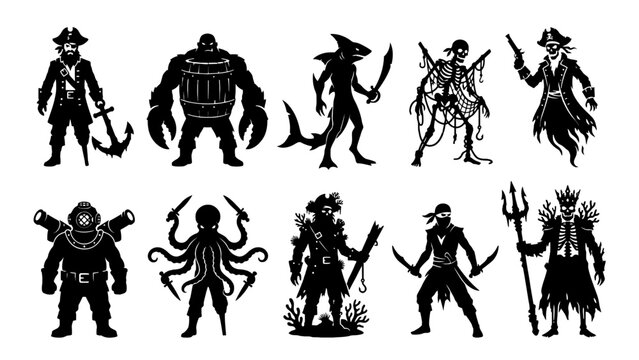 Black silhouettes of fantasy and pirate characters on white background 2d gaming enemy character set
