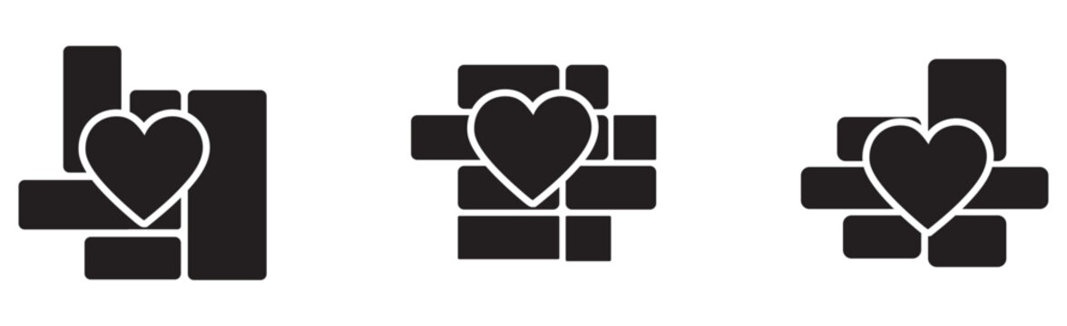 Set of rectangle and love collage for photo wall mood board template. Heart shape collage photo grid template. Vector love memory wall mockup for banner, poster, brochure.