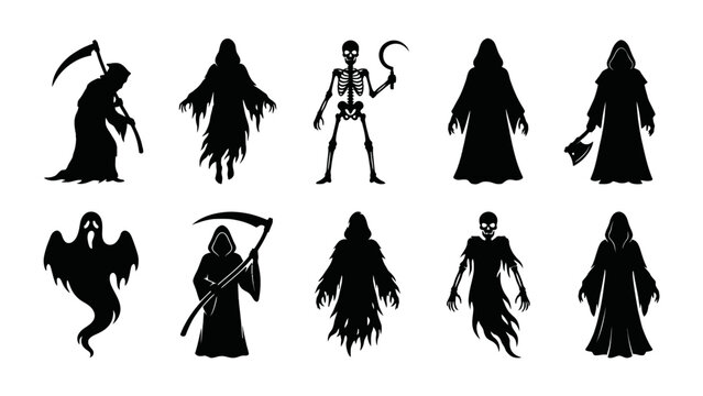 Collection of spooky grim reaper and skeleton silhouettes for 2d gaming enemy character design