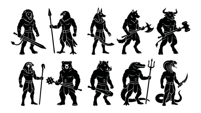 Set of 2D gaming enemy characters with various animal features and weapons