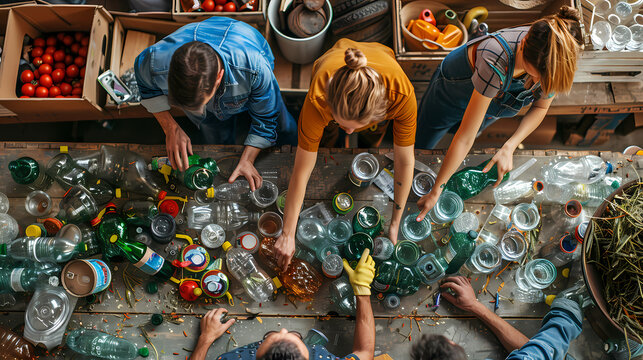 Photorealistic image of a community recycling workshop where an instructor teaches participants how to repurpose and reuse materials, promoting a circular economy and zero-waste lifestyle.