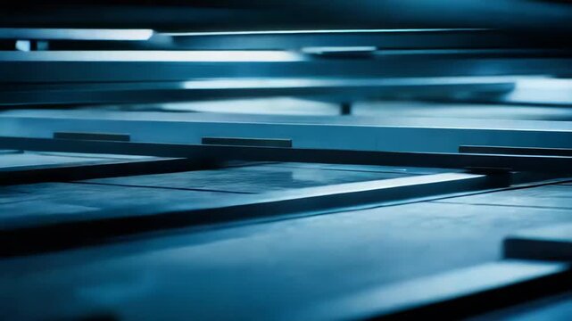 Abstract futuristic architecture with reflective blue surfaces and glowing lines suggesting data streams, digital networks, and high tech connectivity in a sleek, modern render