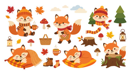 Obraz premium Cute Autumn Foxes with Scarves and Hats, Vector Illustration