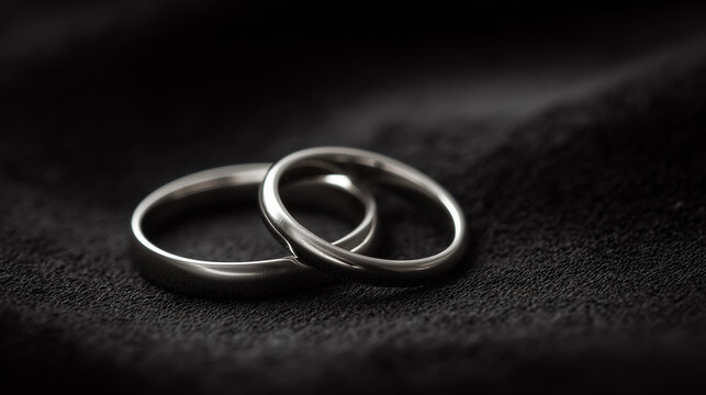 electroluminescence. Two silver wedding bands overlapping on dark velvet fabric. lifestyle magazines, social media lookbooks, designed for lifestyle magazines and social media content.