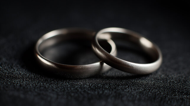 electroluminescence. Two silver wedding bands overlapping on dark velvet fabric. lifestyle magazines, social media lookbooks, designed for lifestyle magazines and social media content.