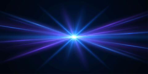 Fototapeta premium A bright blue abstract background features an energetic explosion of glowing laser rays and fractal light beams, creating a motion-filled design reminiscent of a cosmic star burst or disco flare