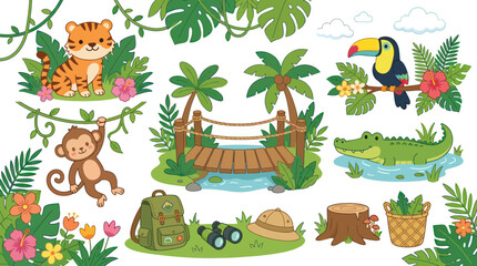 Naklejka premium Jungle Safari Vector Art: Animals, Bridge, and Camping Gear in Flat Style
