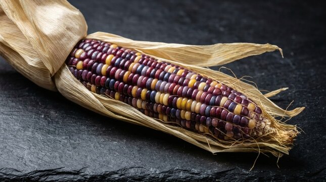 Colorful Indian Corn Cob Resting on Dark Stone Surface