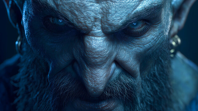 Cursed Djinn King bathed in cold, ethereal blue light, featuring intense glowing eyes, a thick beard, and prominent demonic facial features, supernatural entity background.