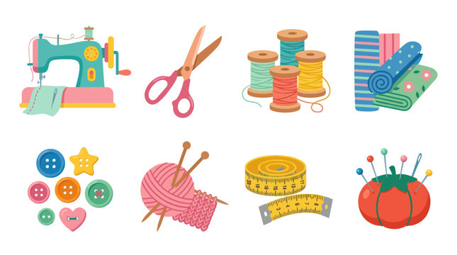 Flat Vector Illustration of Sewing and Craft Tools Set: Machine, Scissors, Thread, Fabric, Buttons, Knitting