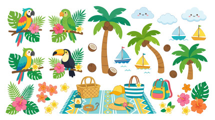 Obraz premium Tropical Beach Summer Vacation Clip Art with Parrots and Palm Trees