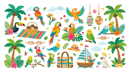 Obraz premium Tropical Paradise Vector: Parrots, Toucan, Palm Trees, Sailboat, Beach Picnic