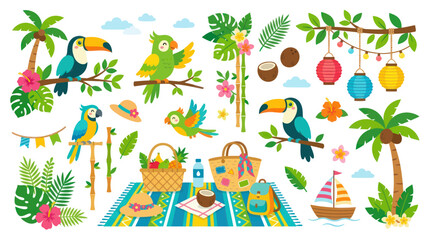 Naklejka premium Tropical Summer Vacation Beach Scene with Toucans and Parrots, Flat Art