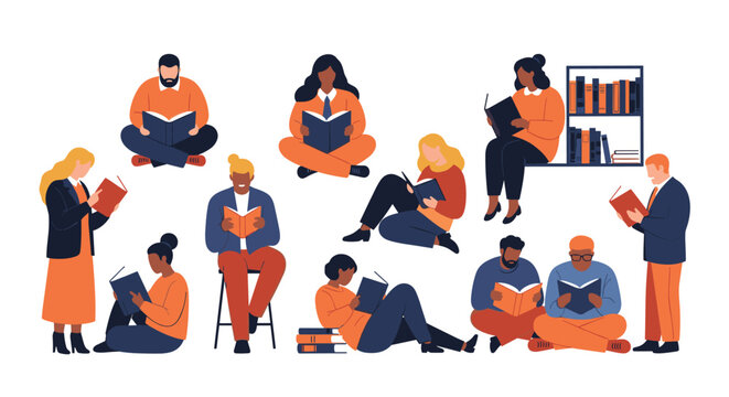 Group of diverse people in various poses sit or stand while reading books representing literacy education and lifelong learning.
