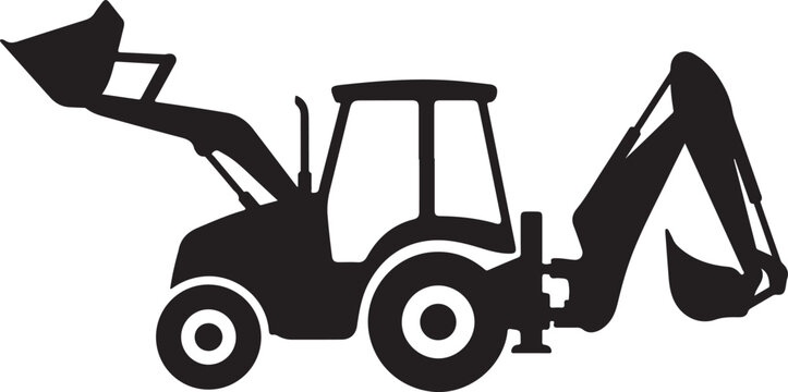 Black silhouette backhoe loader, construction vehicle icon, heavy equipment symbol, industrial tractor