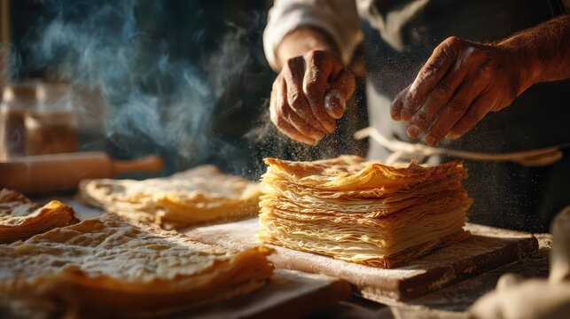 Traditional baker prepa and stacking thin crepes or pancakes in a rustic kitchen setting with steam rising