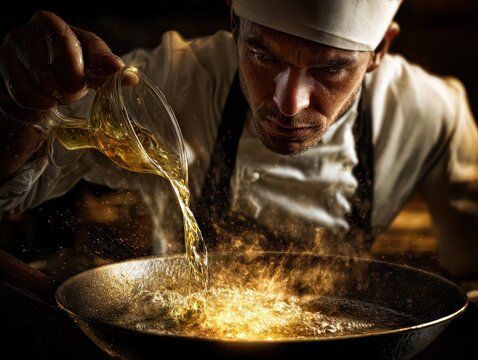 Skilled chef pou oil into a sizzling frying pan in a professional kitchen with intense focus and steam