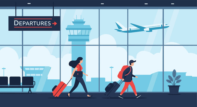 Travelers walk through modern airport departure hall with suitcases as airplane takes off visible through large terminal windows.