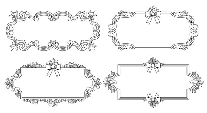 Vintage ornate black and white frames set with decorative floral elements and ribbons for elegant invitation or border design.