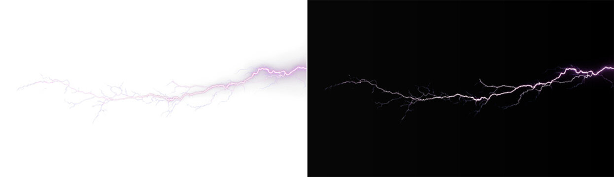 Realistic purple lightning strike set, atmospheric glowing electrical discharge and cinematic thunderbolt on contrast backgrounds
