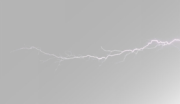 Realistic purple lightning strike set, atmospheric glowing electrical discharge and cinematic thunderbolt on grey backgrounds