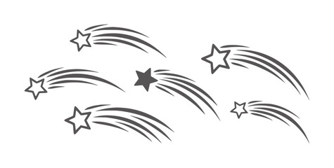 Six dark gray shooting stars with trailing lines white starburst streak © Mahin