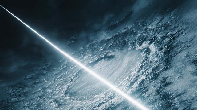 Distant planet's surface receiving a bright, focused energy beam from deep space, suggesting a sci fi concept of power, destruction, or communication from an unknown force