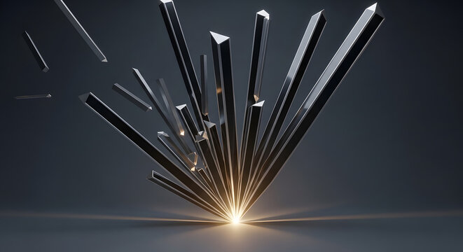Sharp black geometric crystals exploding from a central bright light source.