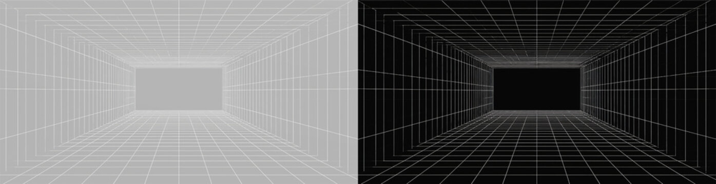 Realistic 3d wireframe grid tunnel, atmospheric geometric perspective and cinematic digital room on grey and black background