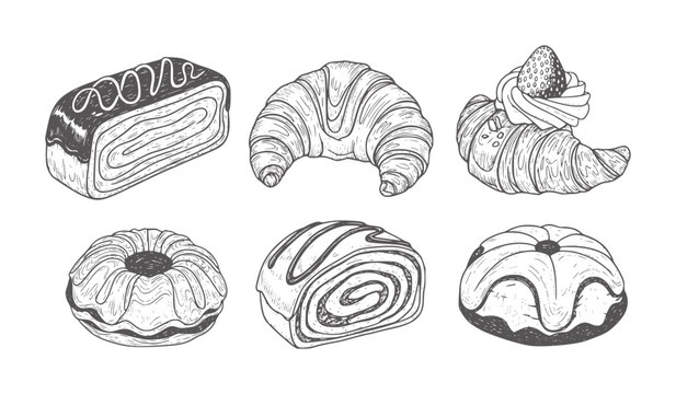 Six hand drawn pastries including croissants cake and roll white pastry strawberry