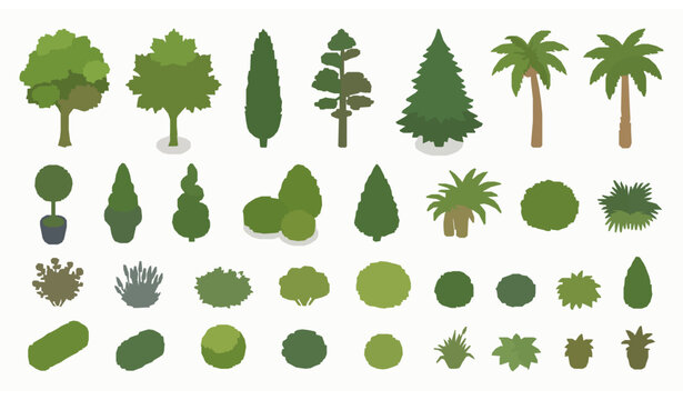 Decorative landscaping trees and garden bush isometric vector illustration set