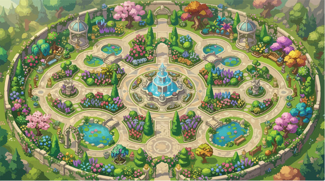 Isometric fantasy garden vector illustration, circular botanical park with central water fountain, magical landscape with blooming trees and ponds