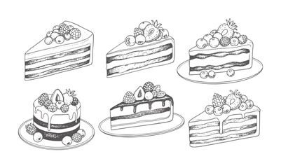 Six hand drawn slices of cake with berries and cream dessert berry strawberry © Mahin