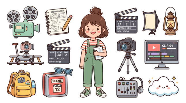 Cute Cartoon Movie Production Equipment and Girl, Vector Illustration