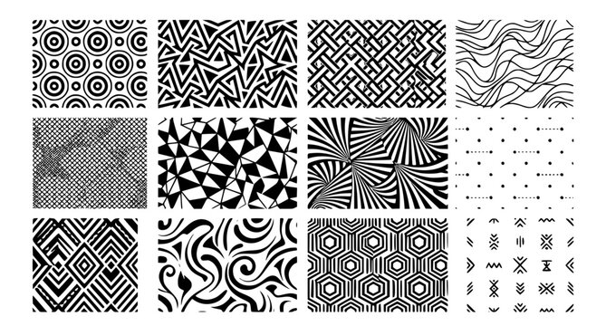 Abstract seamless black and white geometric vector patterns with modern minimalist repeat designs